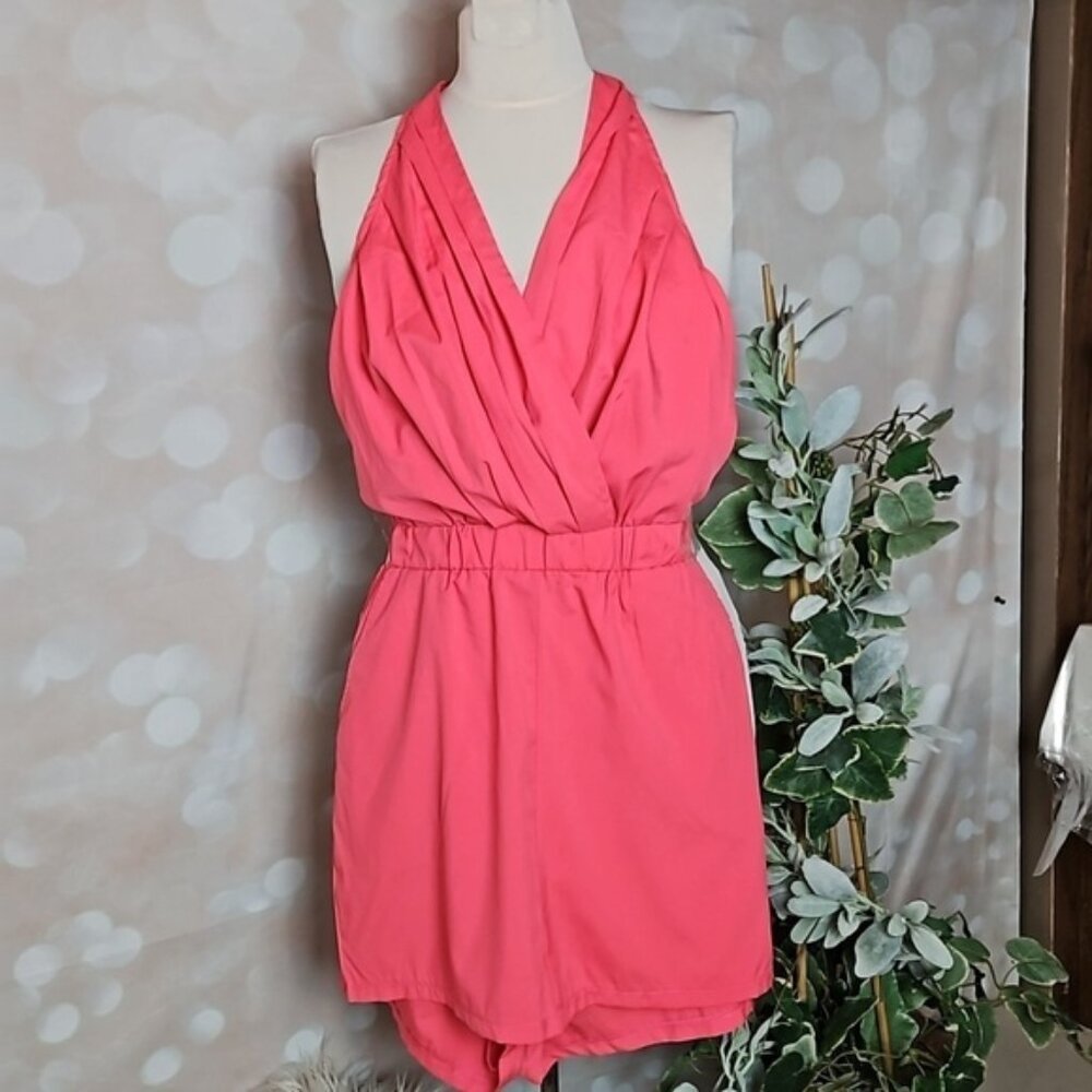 Coral Lightweight Halter Romper With Pockets